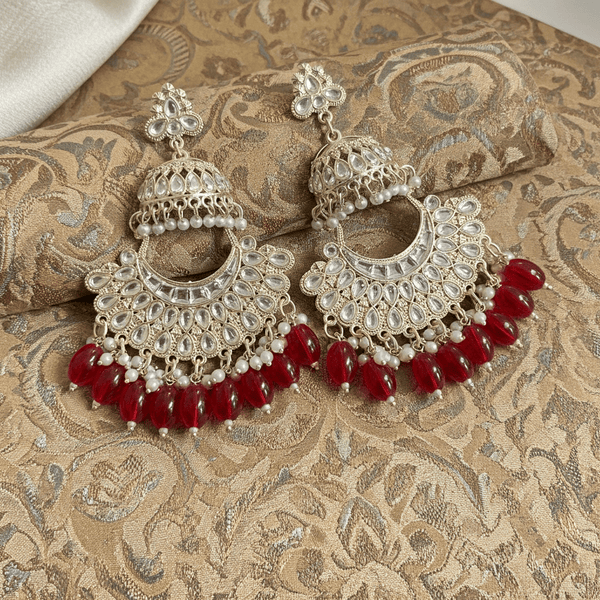 Tessara Gold Kundan Pearl Chandbali with Ruby Red Beads