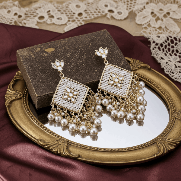 Tessara Gold-Plated Pearl Woven Diamond Chandelier Earrings in White