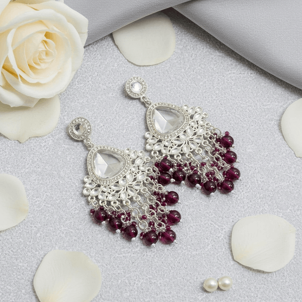 Tessara Silver-Plated Kundan Chandelier Earrings with Wine Beaded Tassels