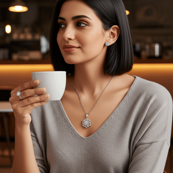 Tessara Silver Floral Zirconia Pendant Set with Solitaire Ring