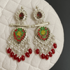 Tessara Silver-Plated Hand-Painted Meenakari Dangler Earrings with Red Beads