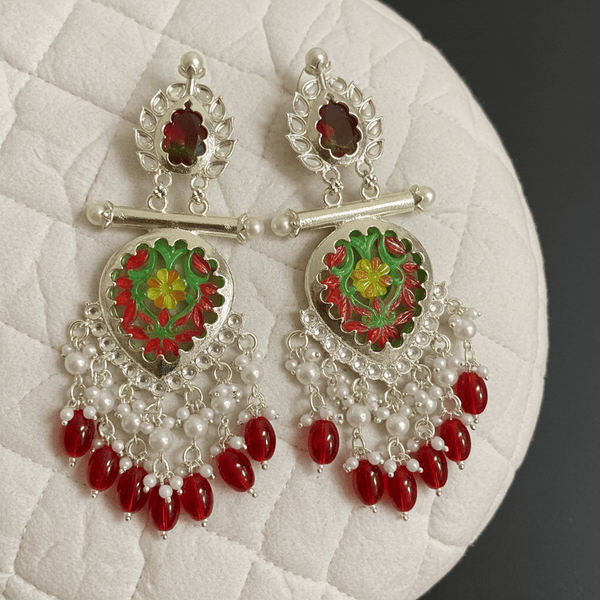 Tessara Silver-Plated Hand-Painted Meenakari Dangler Earrings with Red Beads