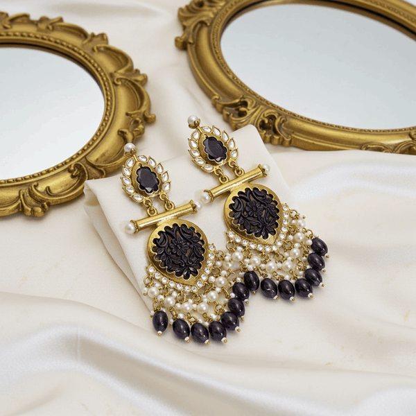 Tessara Gold-Plated Carved Stone & Pearl Drop Earrings in Purple