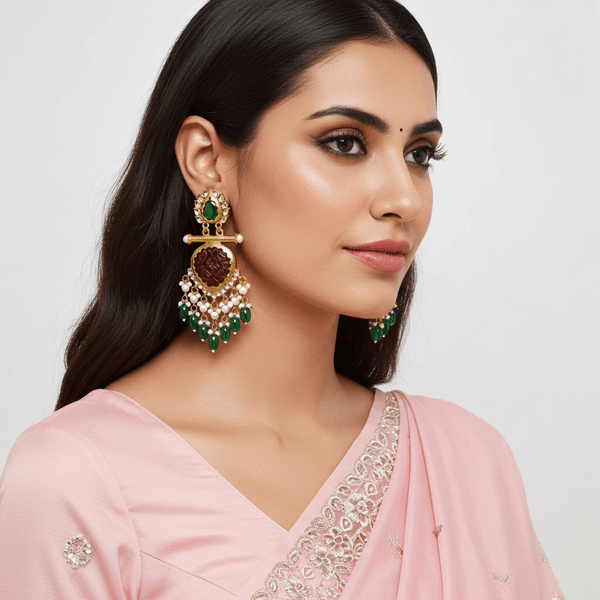 Tessara Gold-Plated Carved Stone & Pearl Drop Earrings in Maroon & Green