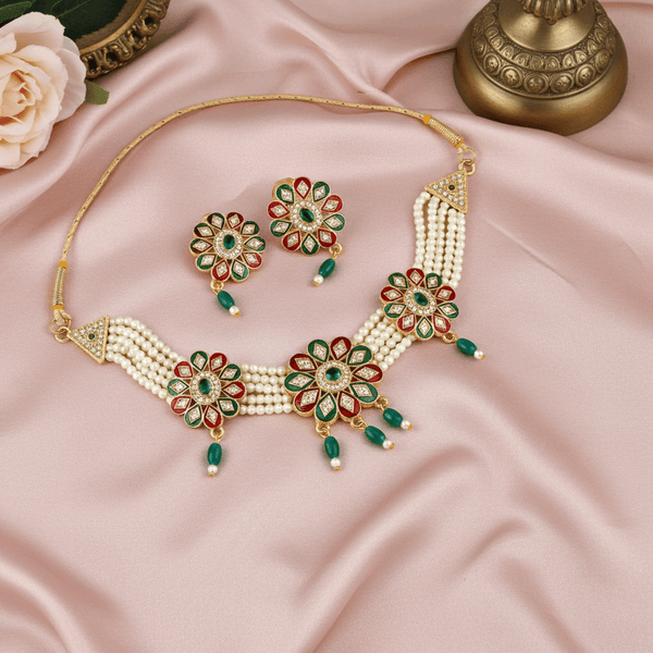 Tessara Copper Gold-plated Green, Red Jewel Set
