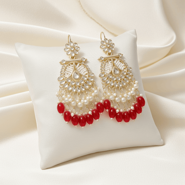Tessara Gold-Plated Kundan & Pearl Chandbali Earrings with Ruby Red Beads