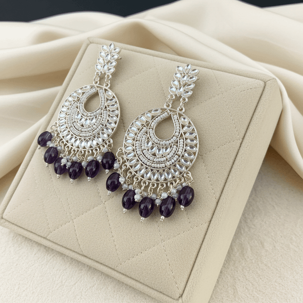 Tessara Silver-Plated Kundan Chandbali Earrings with Wine Beads