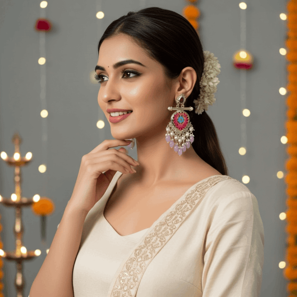 Tessara Silver-Plated Multicolor Meenakari Earrings with Lavender Beaded Tassels