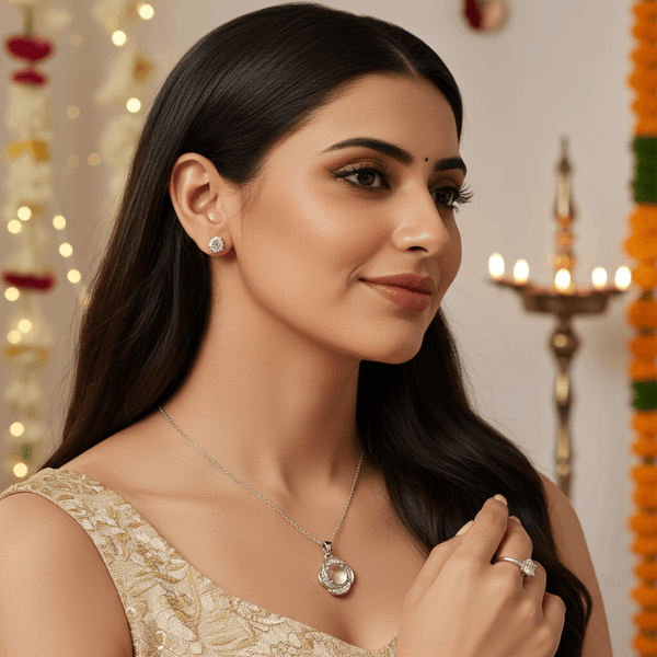 Tessara Silver-Plated Translucent Stone Floral & Solitaire Pendant Set with Ring