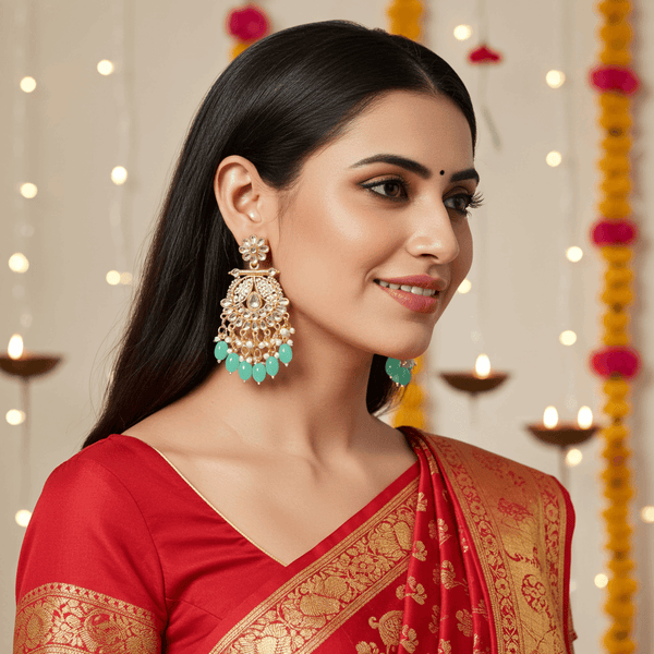 Tessara Gold-Plated Kundan & Pearl Chandbali Earrings with Sea Green Beads