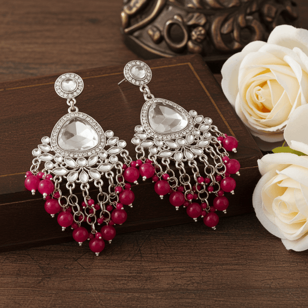 Tessara Silver-Plated Kundan Chandelier Earrings with Rani Pink Beaded Tassels