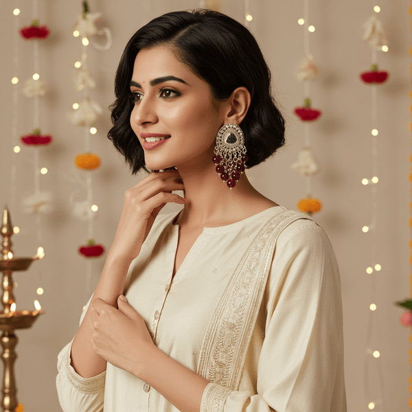 Tessara Silver-Plated Kundan Drop Earrings with Wine Beaded Fringe