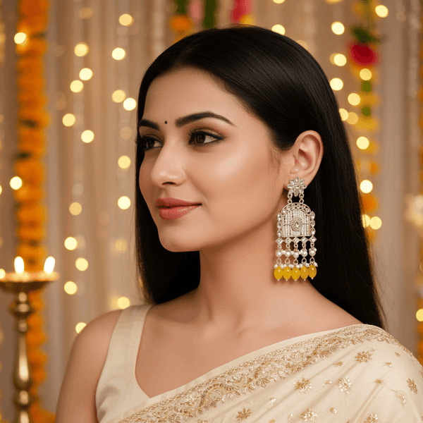 Tessara Silver-Plated Kundan Chandelier Earrings with Yellow Beads