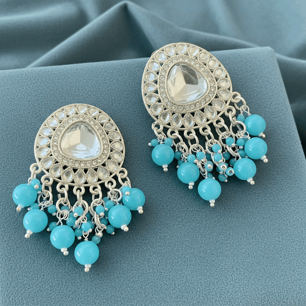 Tessara Silver-Plated Kundan Drop Earrings with Sky Blue Beaded Fringe