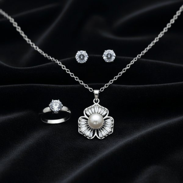 Tessara Sterling Silver Pearl & Zirconia Floral Pendant Set
