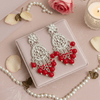 Tessara Silver-Plated Kundan Teardrop Earrings with Coral Red Beaded Fringe