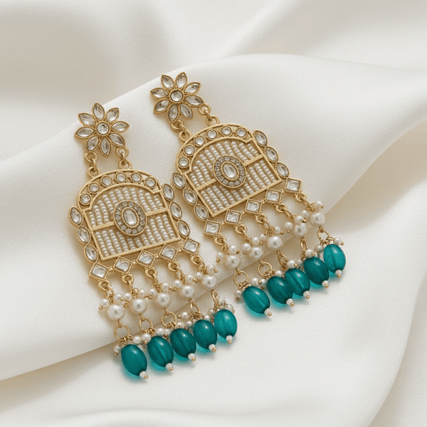 Tessara Gold-Plated Kundan Chandelier Earrings with Rama Green Beads
