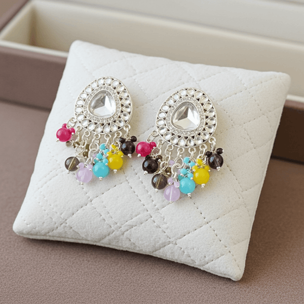 Tessara Silver-Plated Kundan Drop Earrings with Multicolor Beaded Fringe