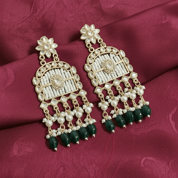 Tessara Gold-Plated Kundan Chandelier Earrings with Green Beads