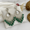 Tessara Silver-Plated Kundan Teardrop Earrings with Bottle Green Beaded Fringe