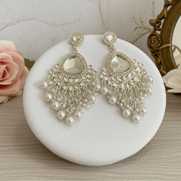Tessara Silver-Plated Kundan & Pearl Chandelier Earrings in White