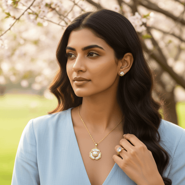 Tessara Gold-Plated Pearl & Zirconia Floral Pendant Set