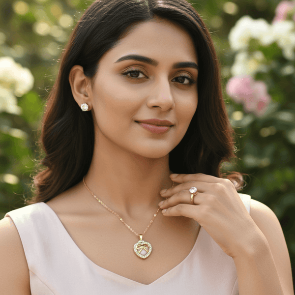 Tessara Gold-Plated Translucent Stone Heart & Bow Pendant Set