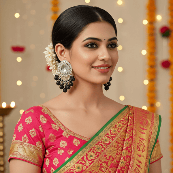 Tessara Silver-Plated Kundan Drop Earrings with Black Beaded Fringe