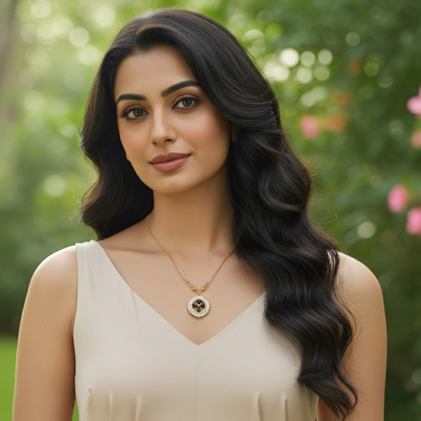 Tessara Gold-Plated Black & White AD-Studded Floral Pendant