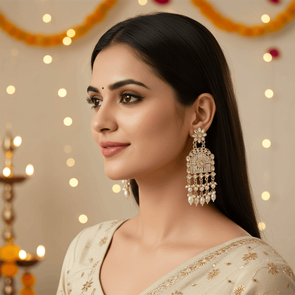 Tessara Gold-Plated Kundan Chandelier Earrings with White Pearls