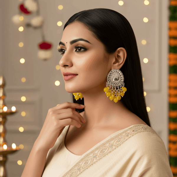 Tessara Silver-Plated Kundan Drop Earrings with Yellow Beaded Fringe