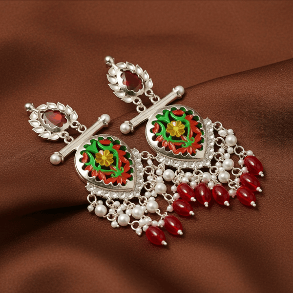 Tessara Silver-Plated Multicolor Meenakari Earrings with Ruby Red Beaded Tassels
