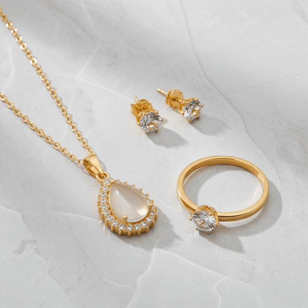 Tessara Gold-Plated Translucent Stone Tear Drop Pendant Set