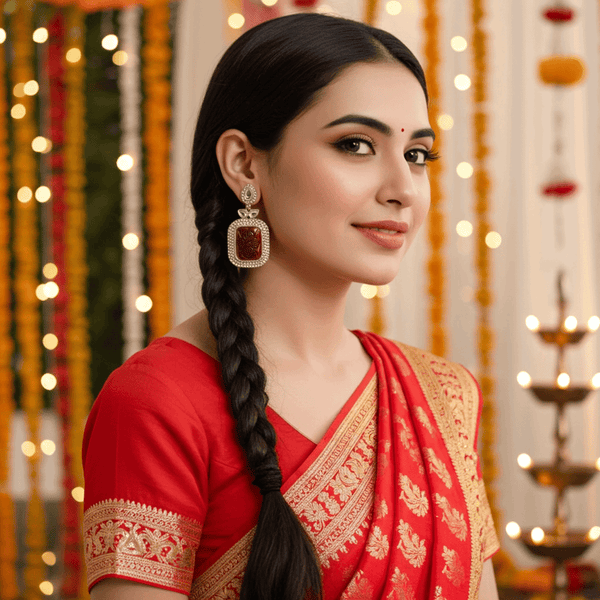 Tessara Gold-Plated Kundan Drop Earrings with Carved Maroon Stone