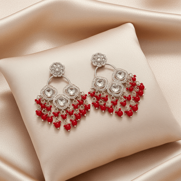 Tessara Silver-Plated Kundan Chandelier Earrings with Red Beaded Tassels