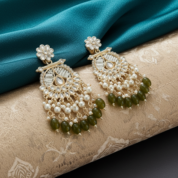 Tessara Gold-Plated Kundan & Pearl Chandbali Earrings with Mehendi Green Beads