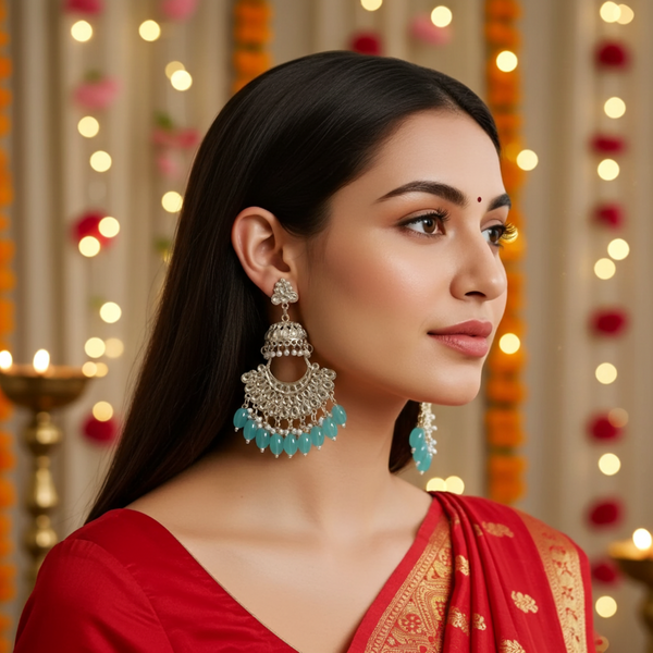 Tessara Gold Kundan Pearl Chandbali with Sea Green Beads