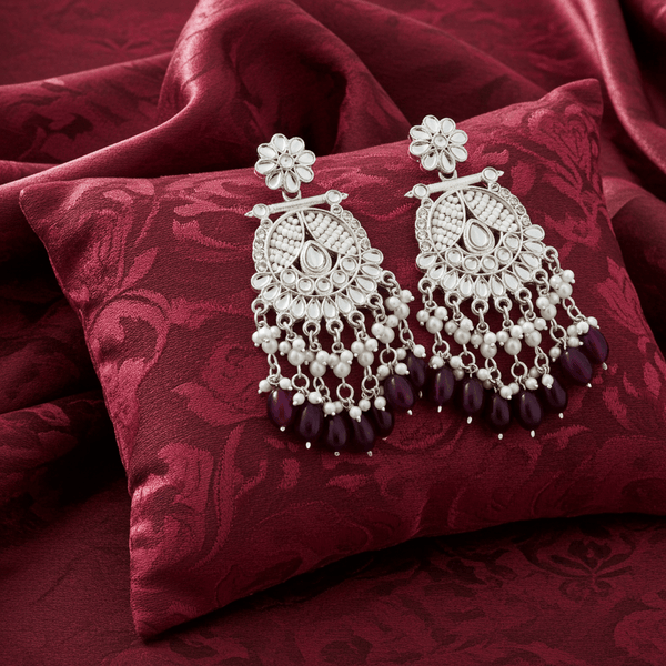 Tessara Silver-Plated Kundan Chandelier Earrings with Wine Beads