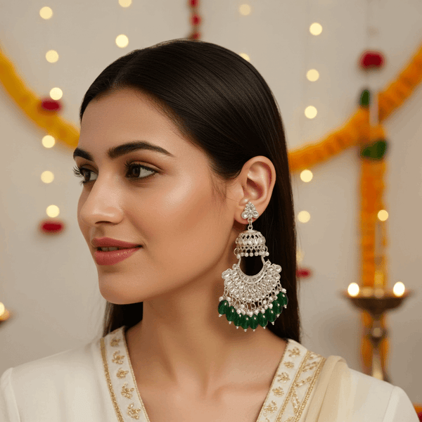 Tessara Silver-Plated Kundan Chandbali Earrings with Bottle Green Beads