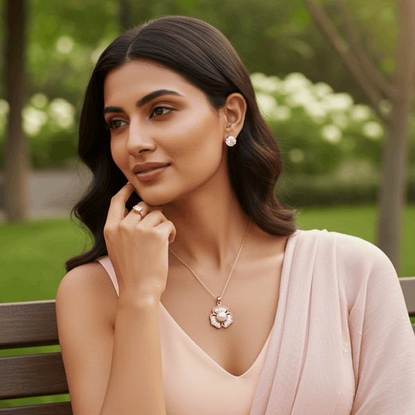 Tessara Rose Gold-Plated Pearl & Zirconia Floral Pendant Set