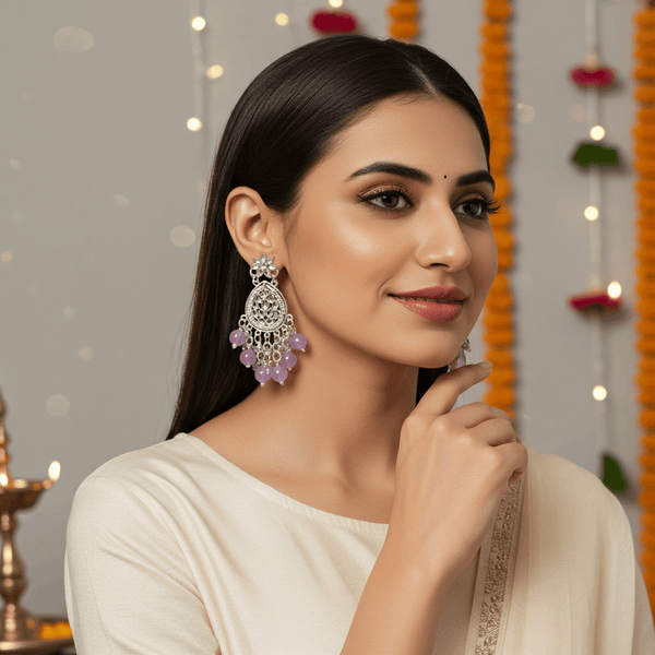 Tessara Silver Kundan Teardrop Danglers with Lavender Beads