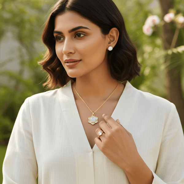 Tessara Gold-Plated Translucent Stone Floral & Solitaire Set