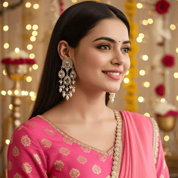 Tessara Silver-Plated Kundan & Pearl Teardrop Dangler Earrings in White