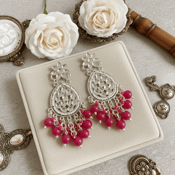 Tessara Silver Kundan Teardrop Danglers with Rani Pink Beads