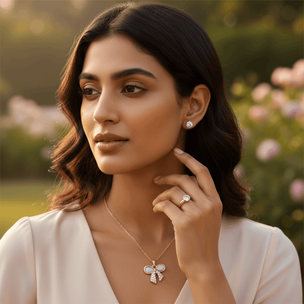 Tessara Rose Gold-Plated Translucent Stone Bow & Zirconia Pendant Set