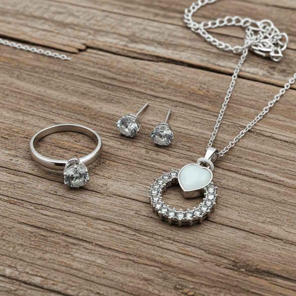 Tessara Silver-Plated White Halo Heart & Solitaire Pendant Set with Ring