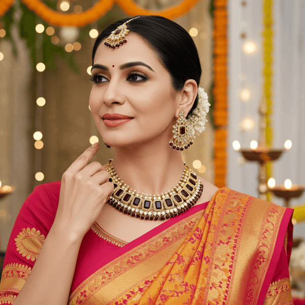 Tessara Gold-Plated Maroon & White Stone-Studded Jewellery Set