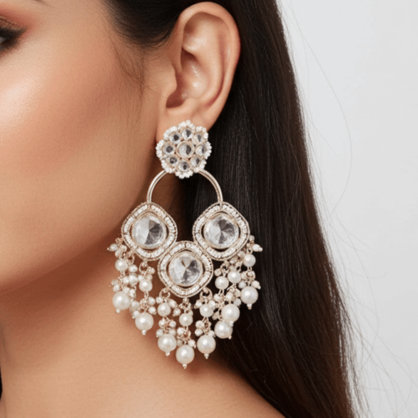 Tessara Silver Kundan & Pearl Chandelier Earrings in White