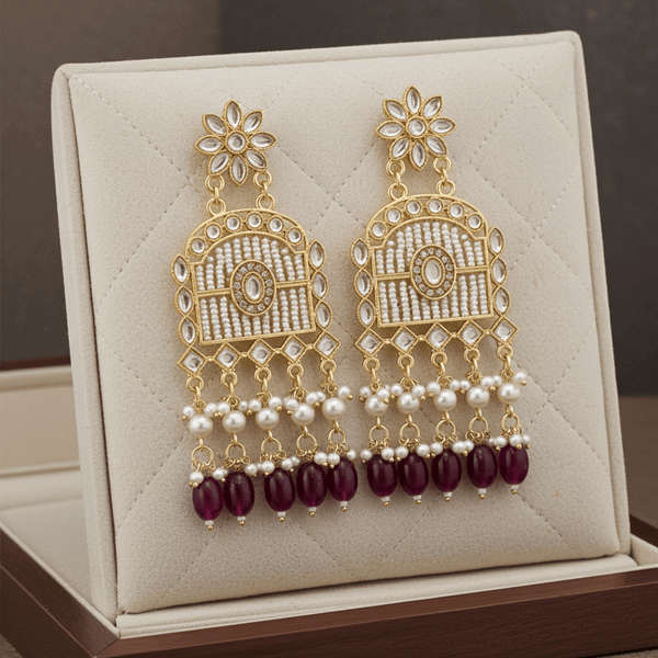 Tessara Gold-Plated Kundan Chandelier Earrings with Wine Beads