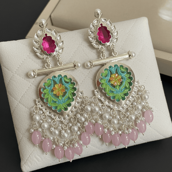 Tessara Silver-Plated Multicolor Meenakari Earrings with Onion Pink Beaded Tassels
